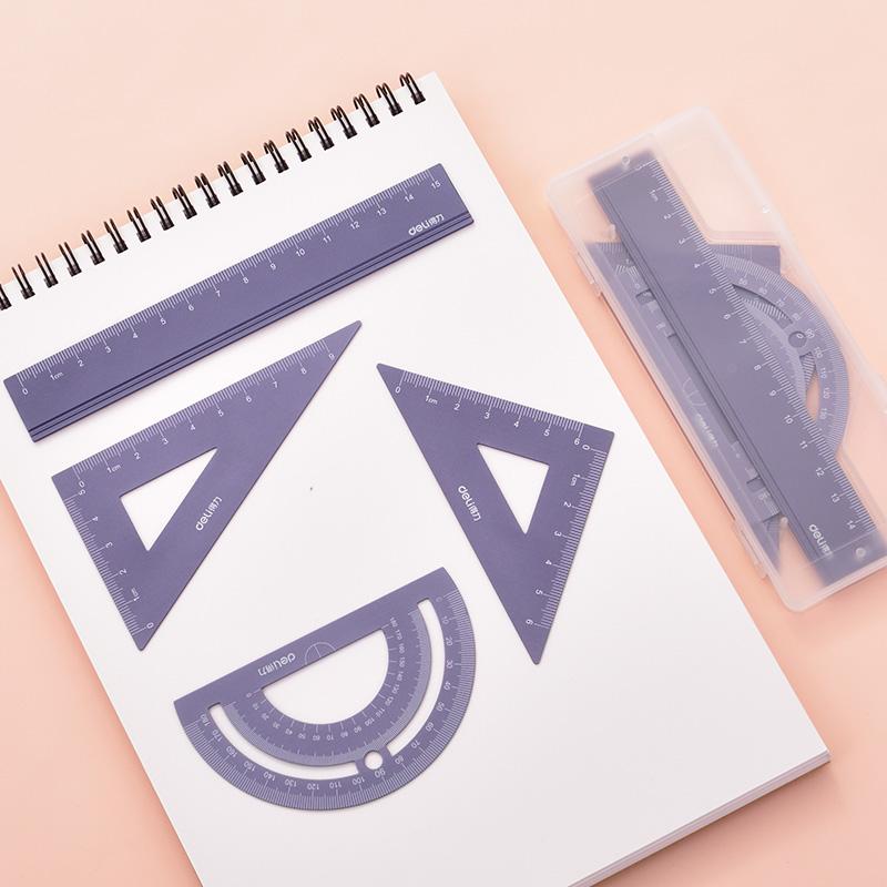 DELI Metal Ruler 20cm Set Stationery for Students Straightedge Triangle Ruler with Wave Line Protractor, Compass Triangle Plate