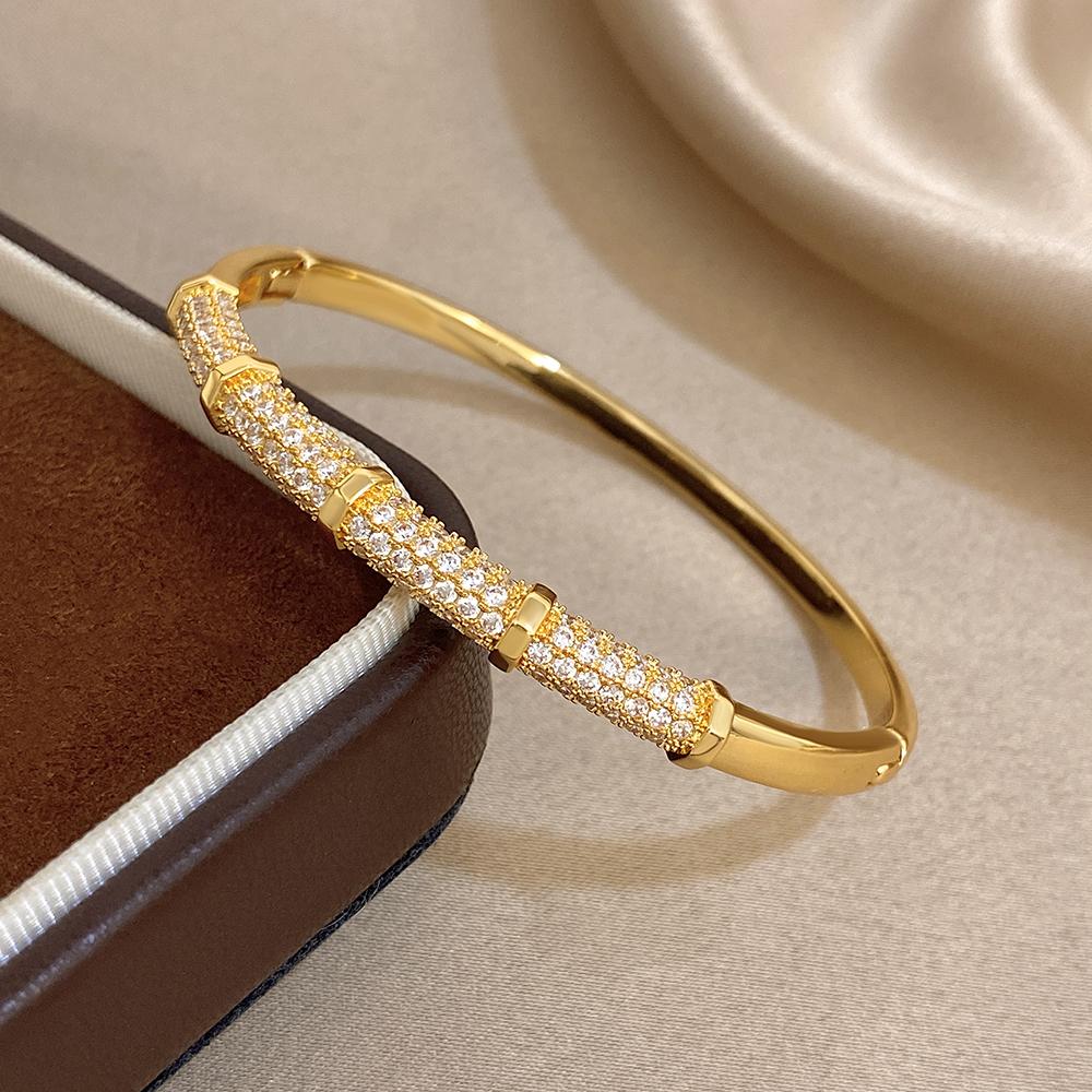 Luxury Bamboo Inlaid Zircon Smooth Bracelet for Women Fashion Gold Plated Copper Cuff Bangle Bracelets Waterproof Jewelry