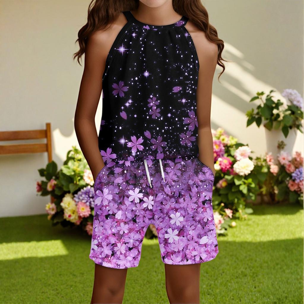 Children's Casual Fashion Round Neck Sleeveless Top Shorts Set