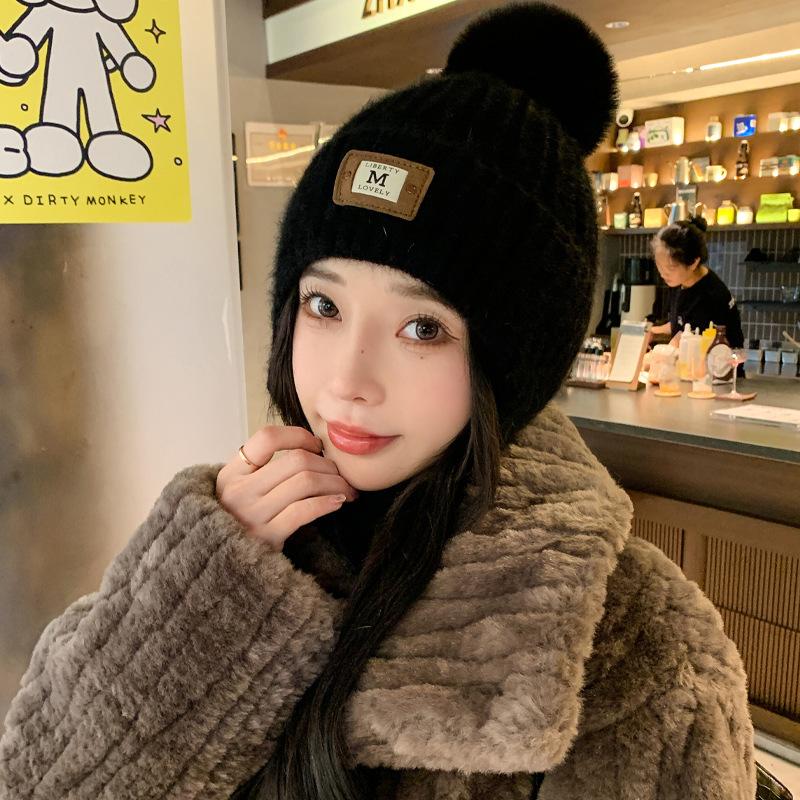 Hat Women's Fashion Leather Label Knitted Wool Hat Winter Warm Student Ear Cap Thick