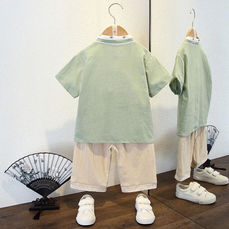 Jungen Tang Anzug Sommer Kinder Hanfu Republik China Wind Baumwolle und Leinen Baby Chinesischer Wind Zweiteiliges Set Nationaler Gezeitenwind