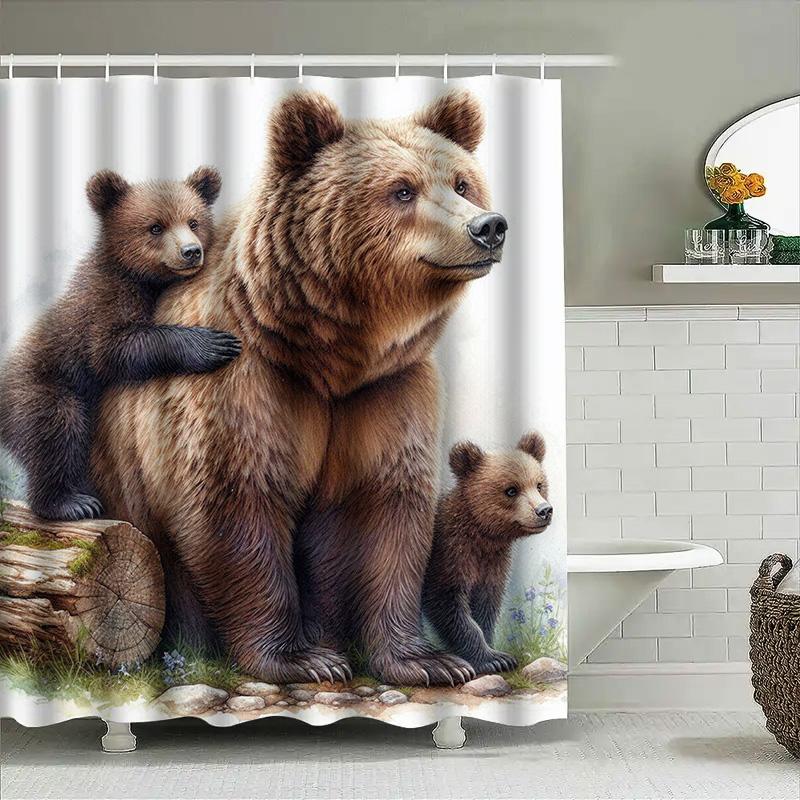 3D Printed Shower Curtain Featuring a Mother Bear with Her Cubs Waterproof Fabric Bathroom Decoration for Home Decor