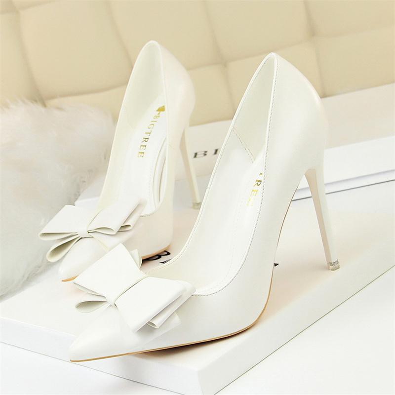 Fashion Sweet Women High Heel Shoes Blue Yellow Shallow Mouth Pointed Toe Butterfly Knot Leather Wedding Party Event Pumps