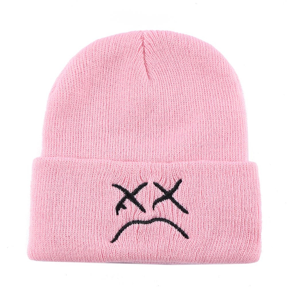 Europa & Amerika Gestrickte Mütze mit Stickerei - Weinendes Gesicht Design, Herbst/Winter Ohrenschutz, Warm, Vielseitige Überzieh-Mütze mit Streetstyle