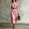 Women's Short Sleeve V-Neck Bohemian Cotton Linen Dress for Summer Casual Wear