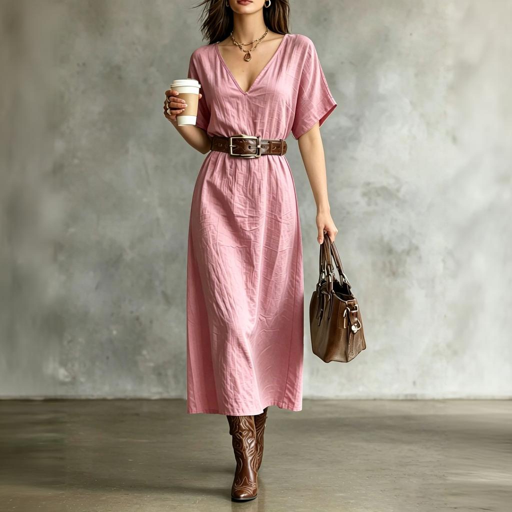 Women's Short Sleeve V-Neck Bohemian Cotton Linen Dress for Summer Casual Wear