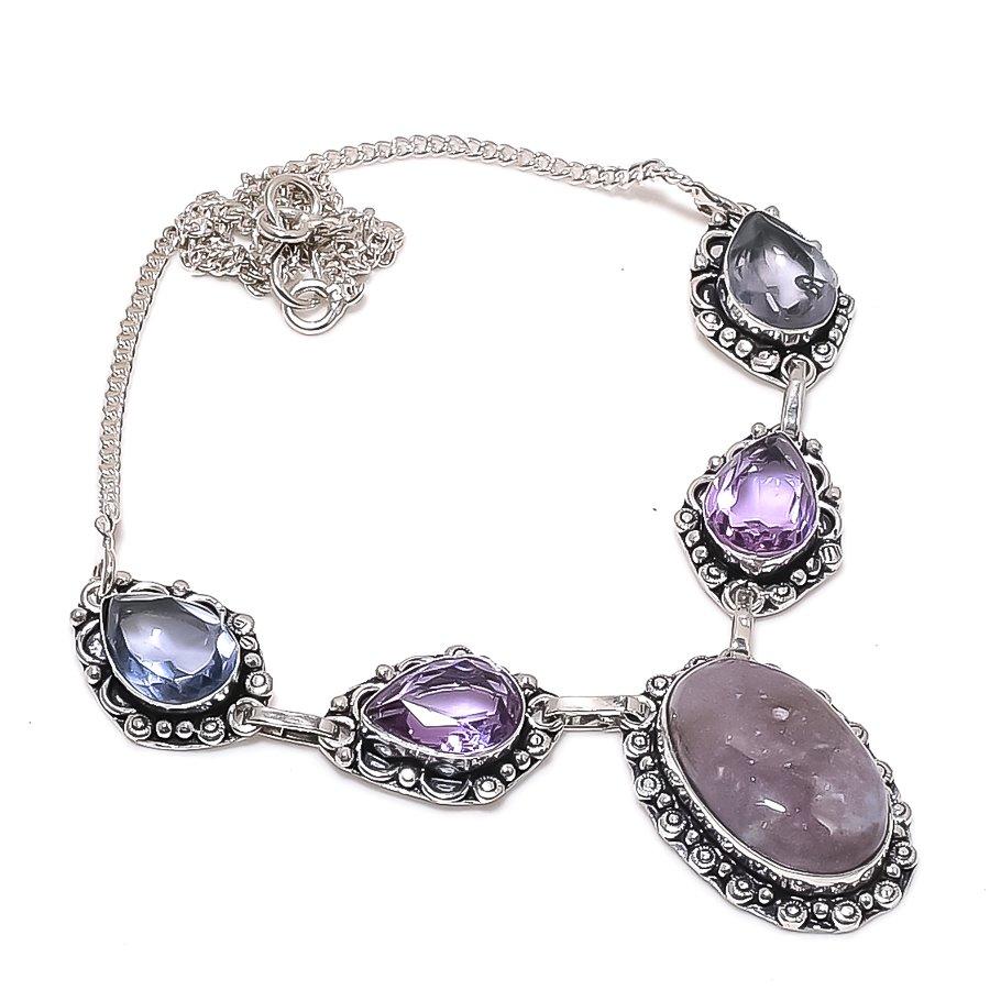 Natural Sage Amethyst, Kunzite 925 Sterling Silver Jewelry Necklace 18" A7c86