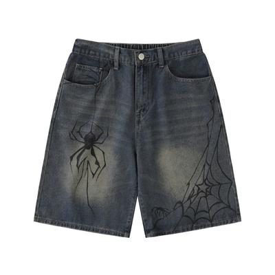 Distinctive Fashion Brand Spider Print Denim Shorts Men's Loose Casual Wash White Pants American Vintage Pants