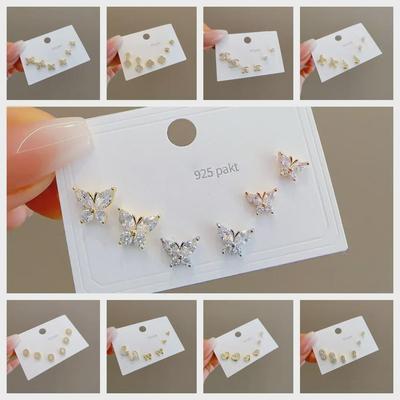Cross-Border Fashion: Geometric Heart & Butterfly Earrings Set with S925 Silver Needle