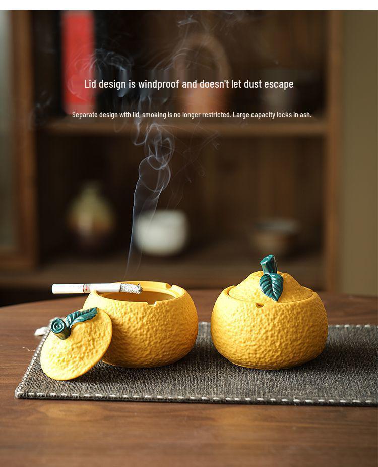 Resin Orange Ashtray with Lid - Creative, Anti-Fly, Stylish Living Room or Office Decor.