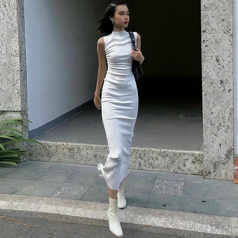 

Летнее сексуальное платье без рукавов с полукруглым вырезом и сборкой White S