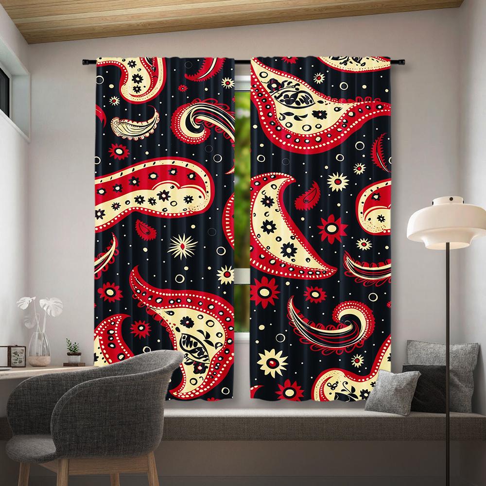 2pcs Vintage Paisley Pattern Curtains   Rod Pocket Mount   Polyester Material   Red & Golden Floral Design on Black Background   Sem