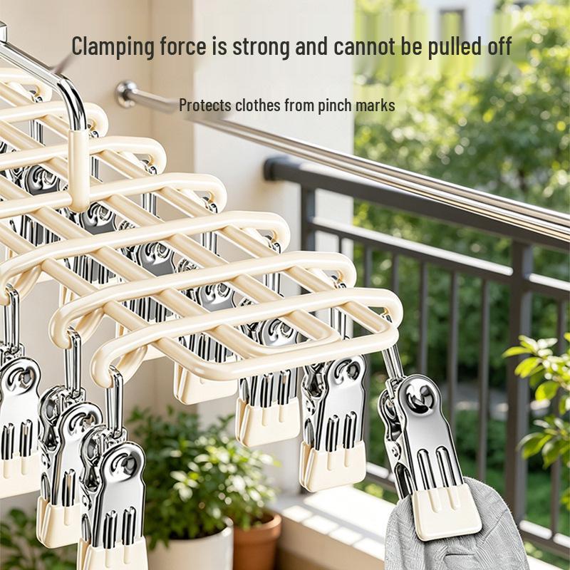 Stainless Steel Windproof Drying Rack with Clips for Underwear and Baby Socks