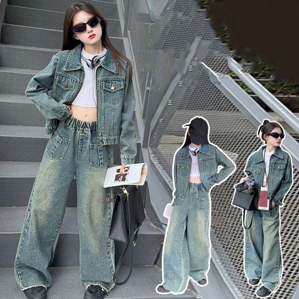 Y2K Jeans Jacket Suit Wide Leg Pants Girls Clothes Set Outfits Children Cowboy Set  Students