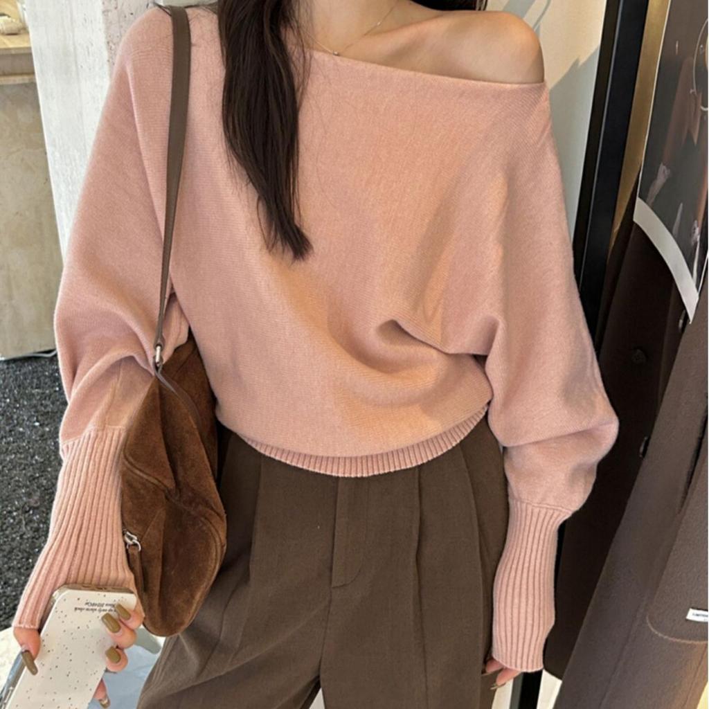 Batwing Long Sleeve Knitted Pullover Women Thick Off Shoulder Top Korean Sweater Loose Casual Autumn Outwear Pull