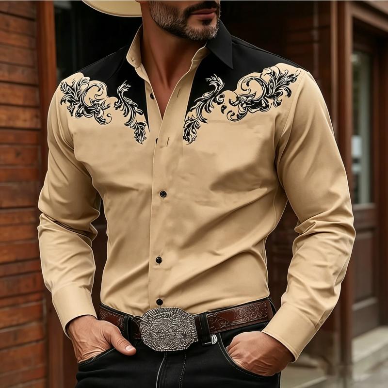 Stylish Men's Baroque Floral Embroidered Western Shirt, Satin Feel Slim Fit Button Up Blouse