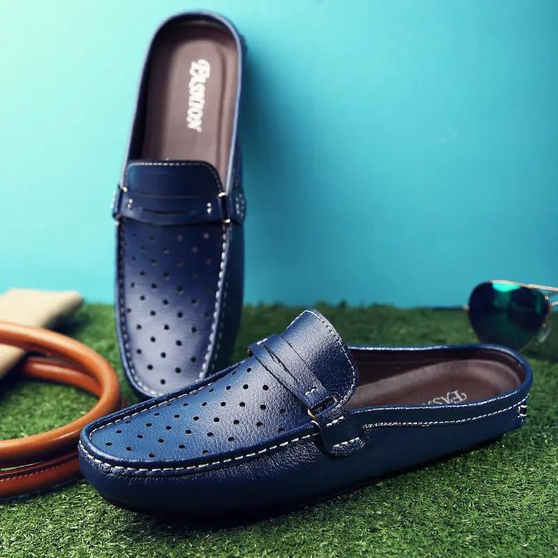 

Мужские кожаные лоферы, полые тапочки, сандалии 44 синий