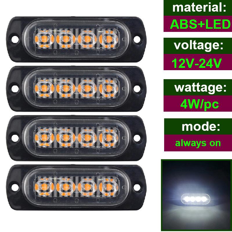 12V - 24V 4LED Car Warning Light Grill Breakdown Light Car Truck Trailer Beacon Lamp Side Light For Cars  Malfunction Light