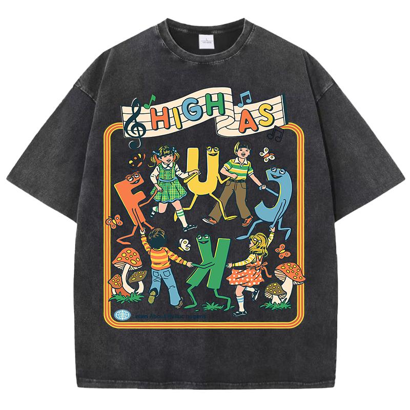 Happy Playing Children Pattern Retro T-Shirt Men Summer Soft Clothing Trendy Crewneck Washed Tops Oversize Cotton Streetwear