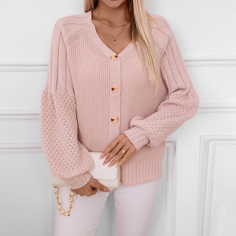 Pulover Tricotat cu Gât în V pentru Femei, cu Nasturi, Culoare Solidă, Larg, cu Mâneci Baloon