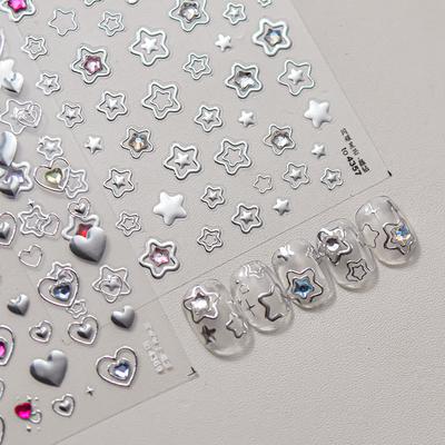 1 Piece 5D Crystal Star Nail Stickers High Quality Love Shiny Silver Hollow Smear Rainbow Flower Jelly Design Nail Sticker