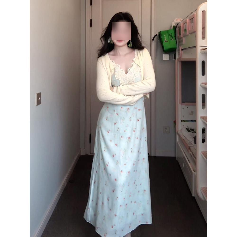 

Кружевное платье с V-образным вырезом и цветочным принтом, детское повседневное летнее платье с завышенной талией А-силуэта, темпераментное голубое платье-сарафан XL- (recommended 110-60kg)