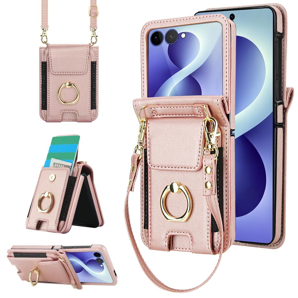 Borsa a tracolla con cordino lungo, porta carte, portafoglio, anello, custodia in pelle per Samsung Z Flip 8 7 6 5 4 3, antiurto, con supporto, cover sottile
