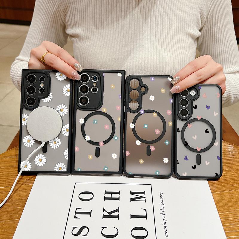 For Samsung Galaxy S24 S23 S22 Ultra S24 Plus S23 FE Flowers Case Magnetic For Magsafe Wireless Charging Clear Matte Phone Cover