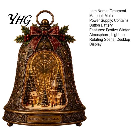 Indoor Christmas Village Accessories Infinity Bell Ornament, Vintage Glowing Rotating Snow Scene Decor Story Oriented Home Decoration with Angel
