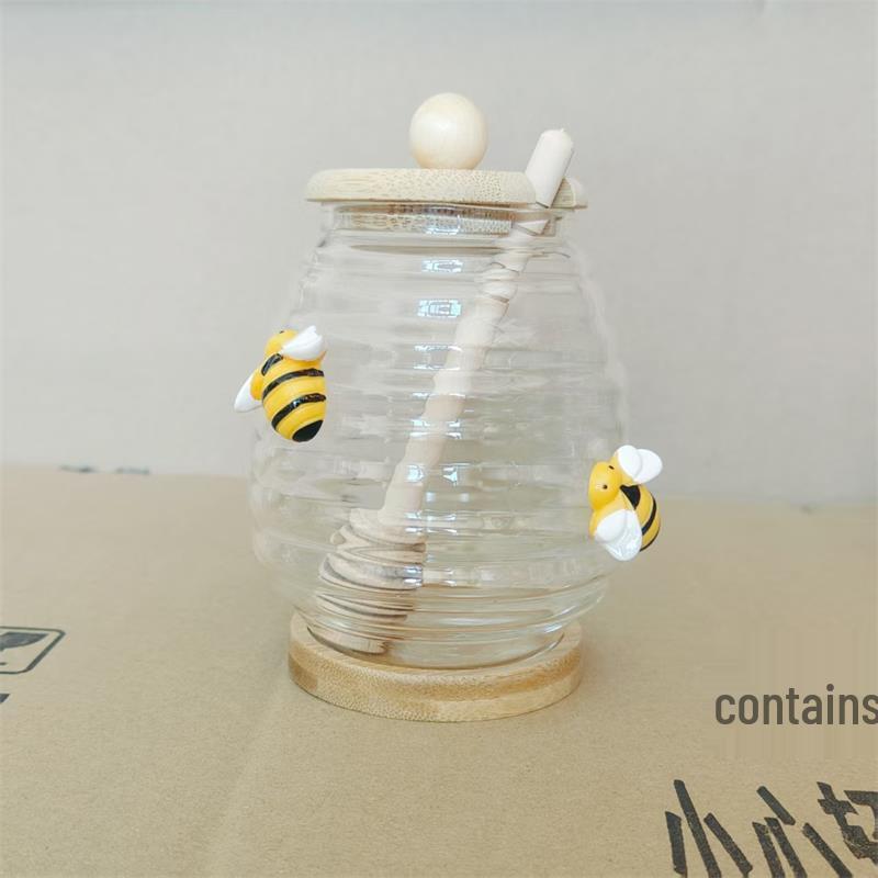 High Borosilicate Glass Honey Jar with Lid and Stirrer - Kitchen Storage Jar