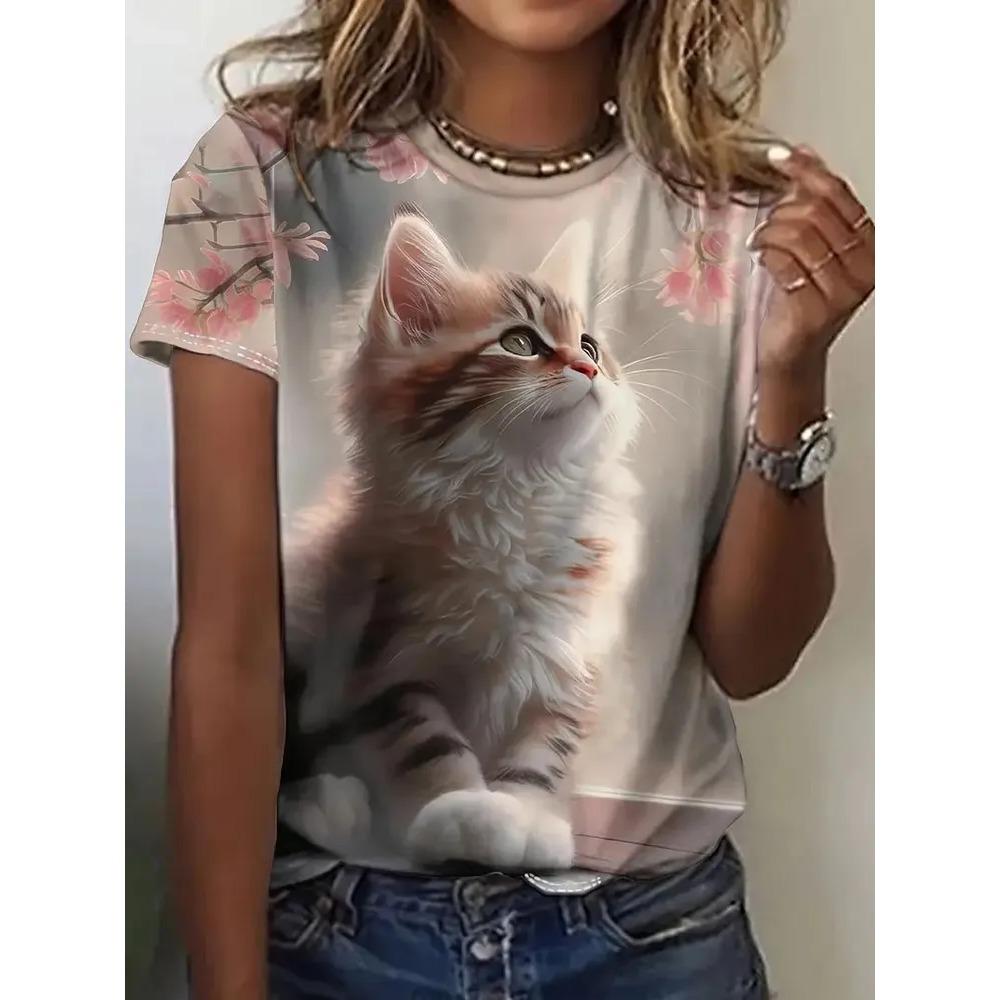 Summer Round Neck Cat Pattern 3D Print Top Fashionable Casual Short Sleeved Women's T-shirts