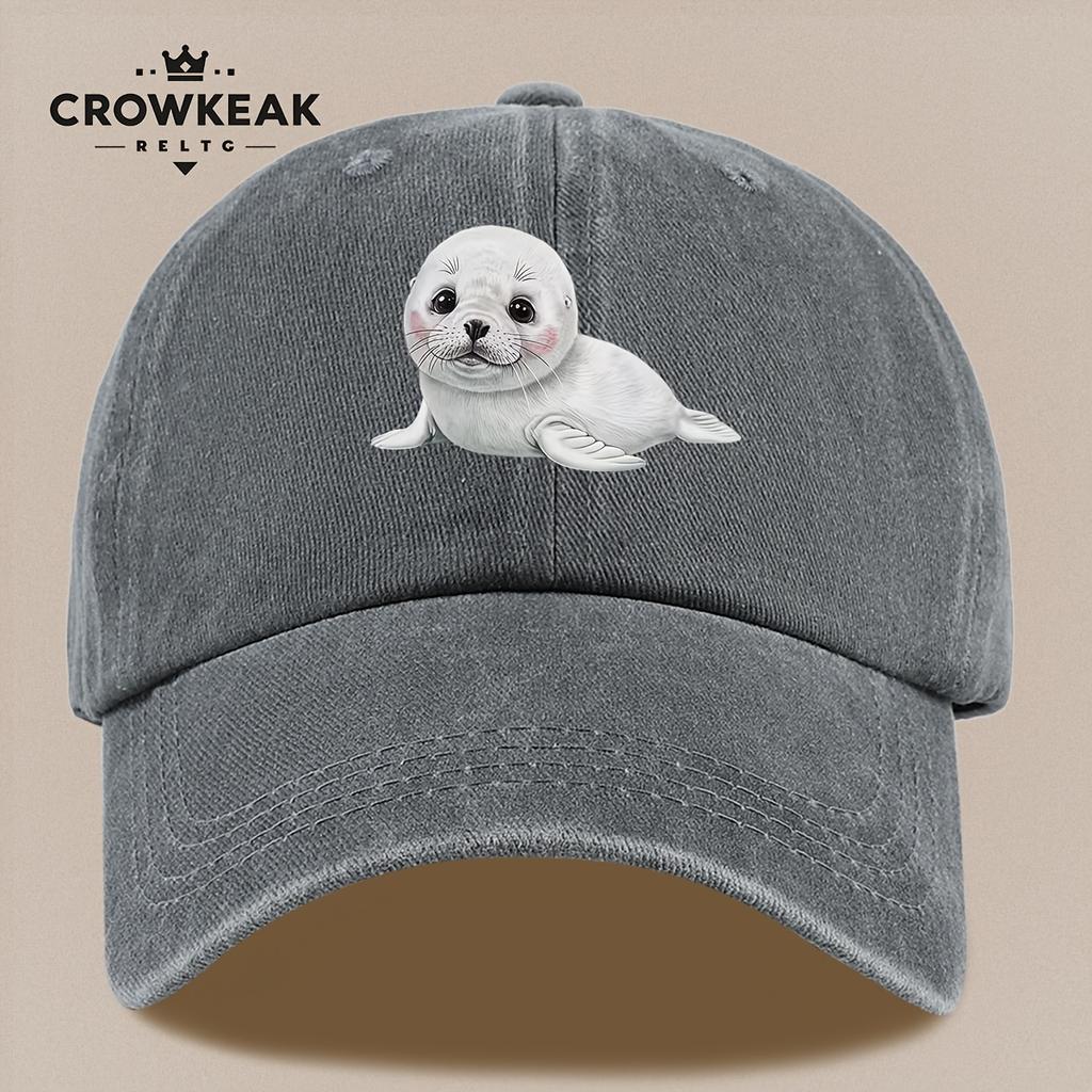Pc Niedliches Cartoon-Robbenmuster-Design Gedruckte Baseballkappe Schwarz Papa Trucker-Hut Atmungsaktiv Bequem Einfarbig Einfach Retro S