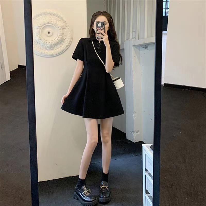 High-end black dress women's summer temperament skirt improved cheongsam skirt short skirt large size thin new Chinese skirt