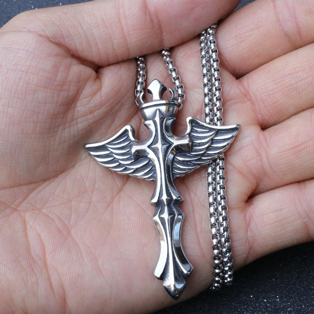 Vintage Wings Cross Pendant Necklace For Men Women Copper Color Stainless Steel Neck Chain Hip Hop Punk Jewelry Halloween Gifts