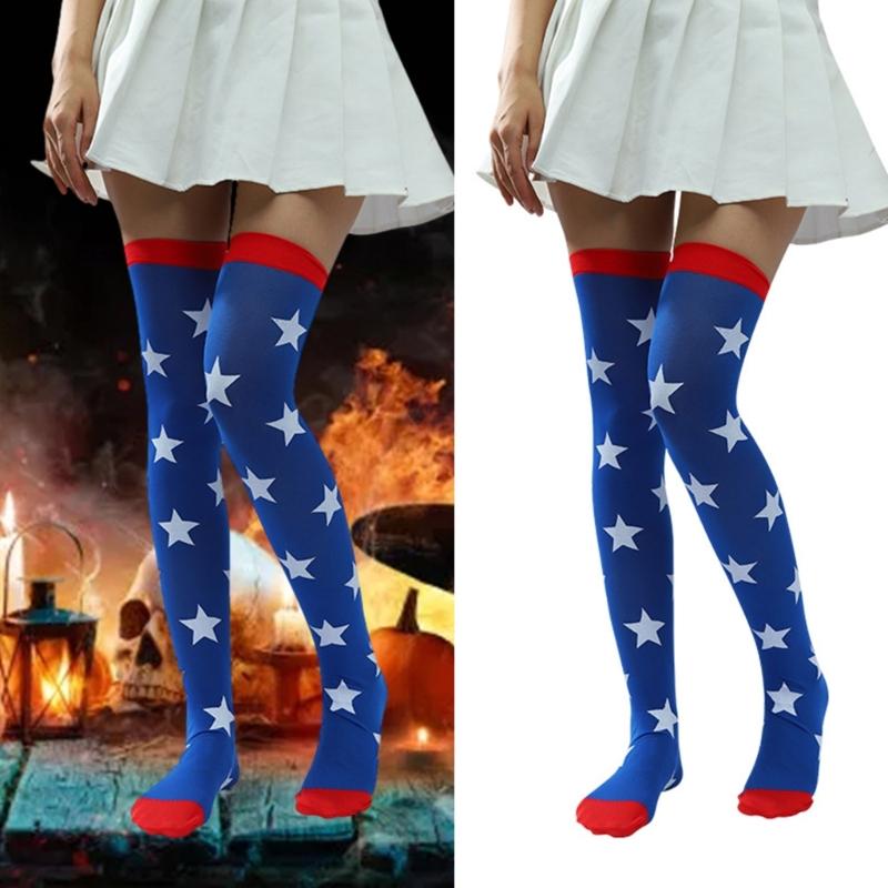 Women's Cute Star Over Knee High Socks Anime Cosplay Costume Printed Thigh High Stockings Long Boot Stockings Hosiery