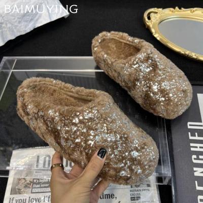 Bling Fur Slippers Platform Flats Luxury Warm Mules Cotton Shoes Woman 2024 Trend Winter Casual Cozy Walking Snow Botas Mujer