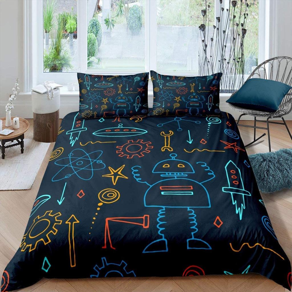 Robot Duvet Cover Sets for Kids Boys Girls Queen Size Lightweight Down Quilt Covers 2 Pillowcases 1 Comforter Cover No Comforter