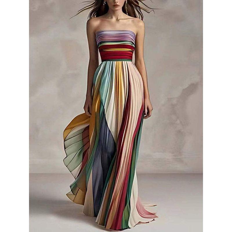 Spring and Summer New Outer Wear Underwear Color Elegant Tube Top Print Pleated Long Dress Silm Fashion Wind Dresses