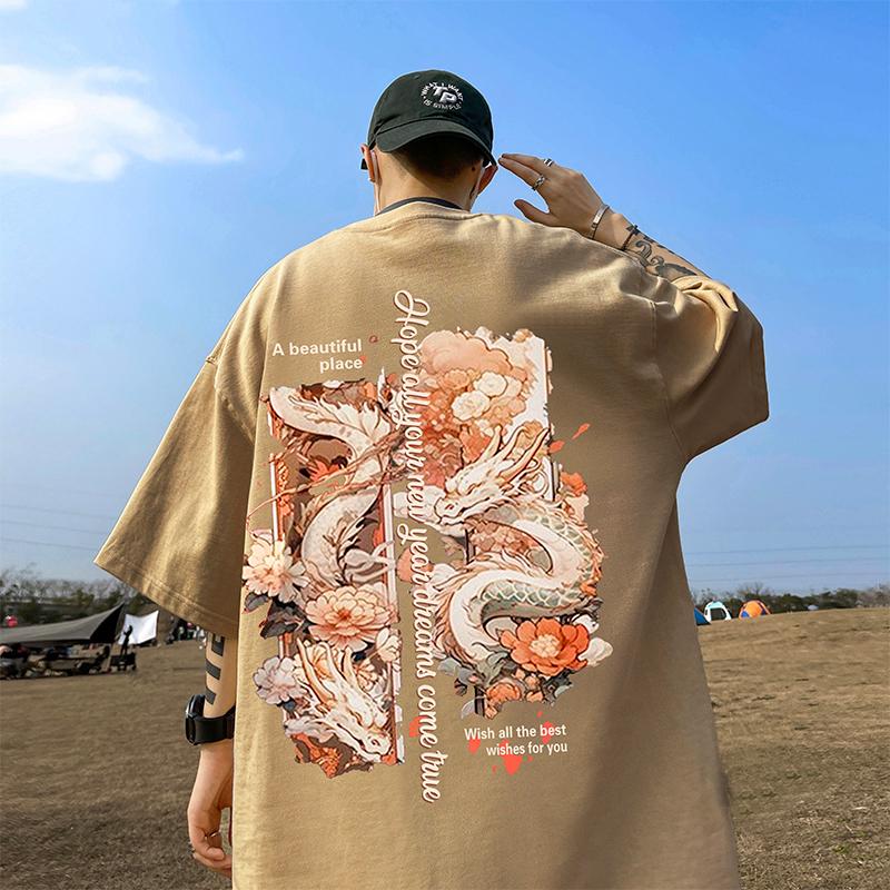 Rotes Jahr des Drachen Kurzarm-T-Shirt Herren Sommer Schwer 100% Baumwolle National Tide Print Locker Halbarm-T-Shirt