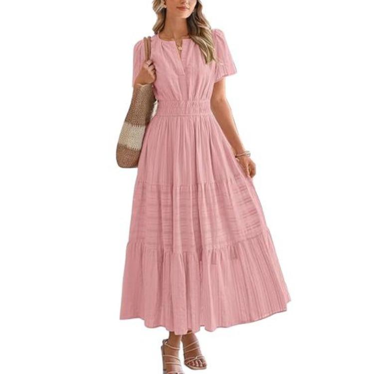 Women Summer Casual Maxi Dress V Neck Short Sleeve Flowy Tiered Smocked Waist Pleated Long Dress S