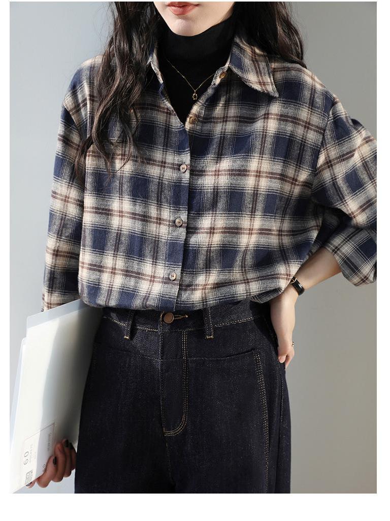 Women's Dark Blue Retro Plaid Shirt Jacket - Autumn/Winter 2025 New Korean Style Long Sleeve Top