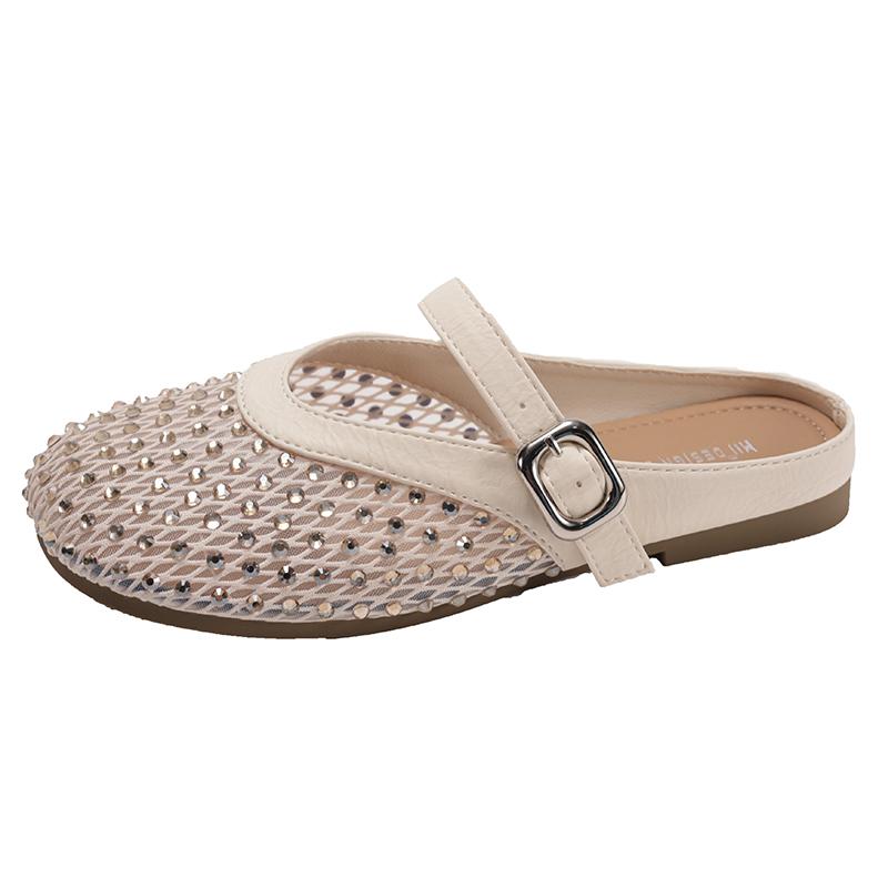 

Fashion Fashionable Crystal Buckle Slippers for Women 2025 New Hollow Breathable Elegant Round Toe Low Heel Party Sandals for Women 35
