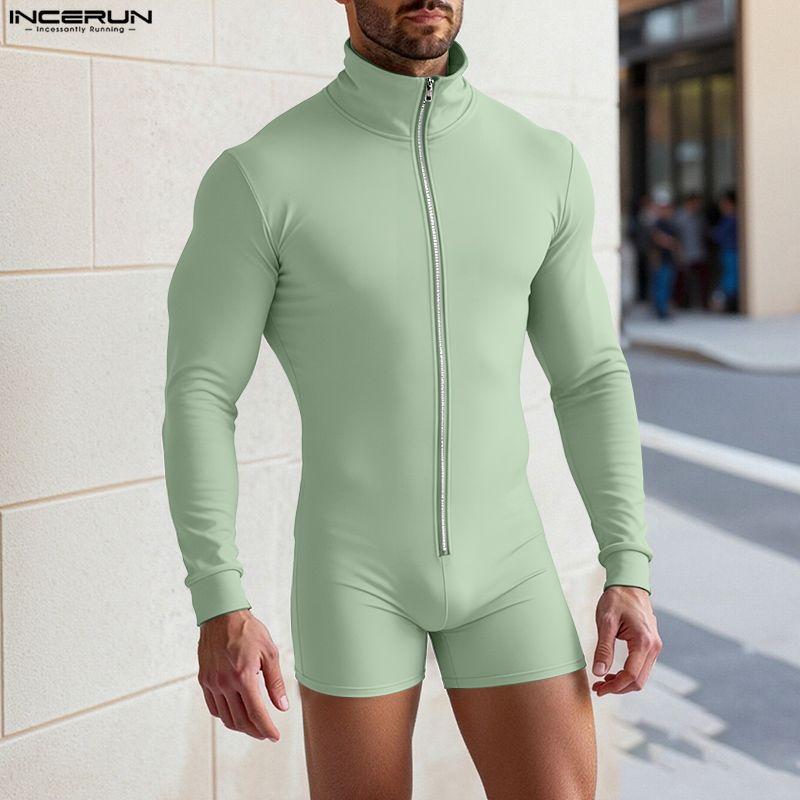 INCERUN Men High Neck Long Sleeve Zip-up Rib Jumpsuits Rompers Underwear