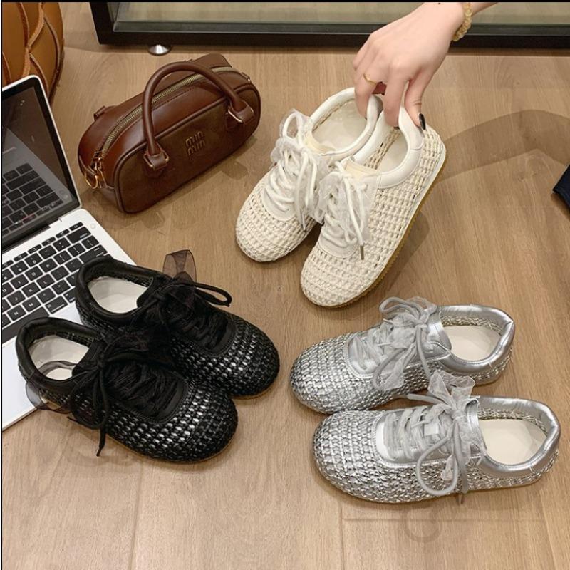 2025Spring New Flat Shoes Round Head Shallow Mouth Mesh Cloth Breathable Metal Buckle Soft Sole Non-slip Single Shoes