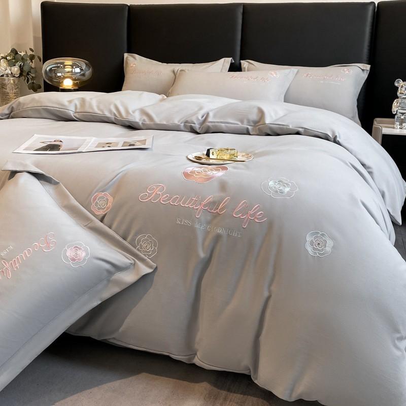 Luxury Soft Cotton Bedding Set With Embroidered Floral Design Brushed Finish Ruffled Hem Breathable Skin-Friendly All