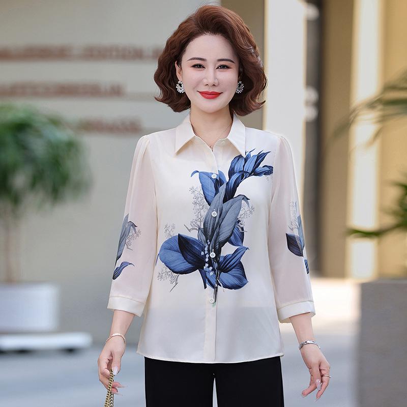 Stylish 2026 Summer Seven-Sleeve Top for Middle-Aged Women 2XL (105-120 lbs) грязно-белый