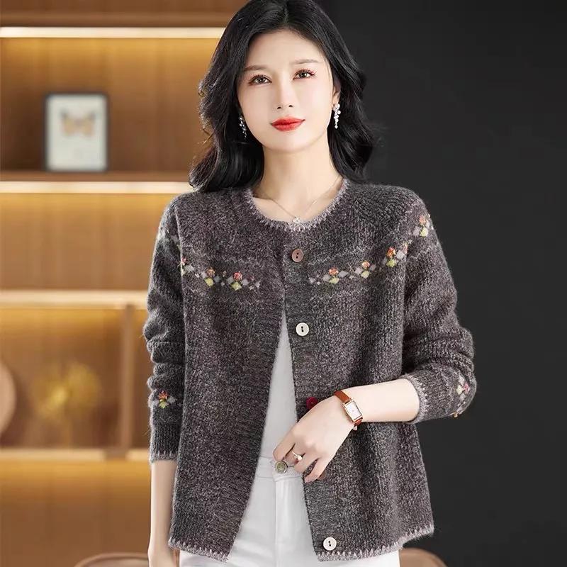 Women Sweater Coat Retro Jacquard Knitwear Jacket Ladies  Early Spring Autumn Outerwear Loose Top