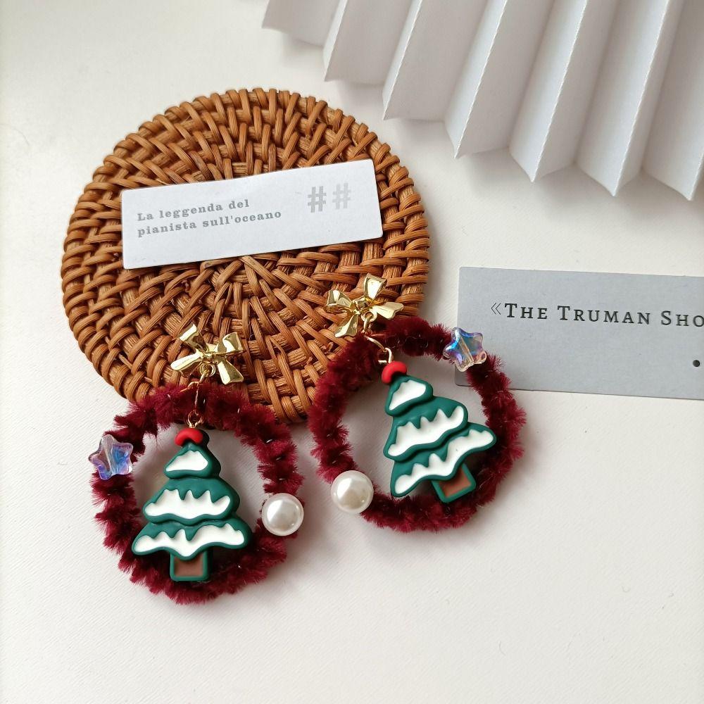 Bowknot Mistletoe Christmas Earrings Retro Heart Ear Studs Fashion Plush Xmas Pendant  Girls