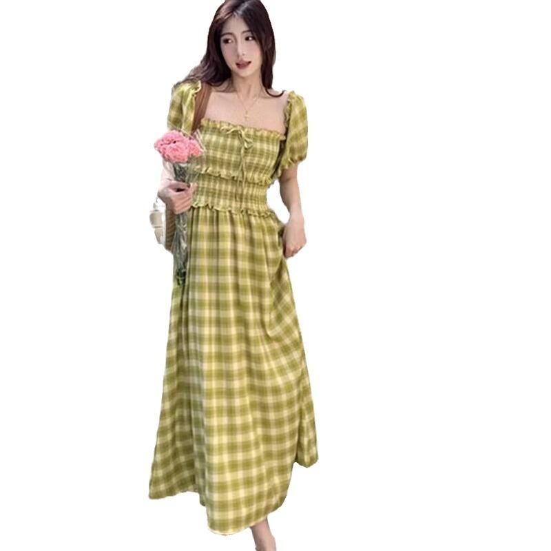 Französisches Retro-Karokleid Damen Sommer Fettdesign Sinn Zwei Tragemöglichkeiten Ein-Wort Schulterkleid