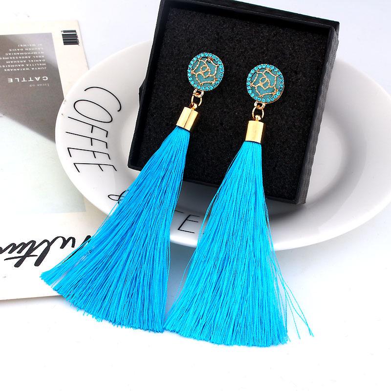 Orecchini con nappa bohémien Orecchini pendenti a goccia lunga in tessuto di seta nero bianco blu rosso per gioielli da donna